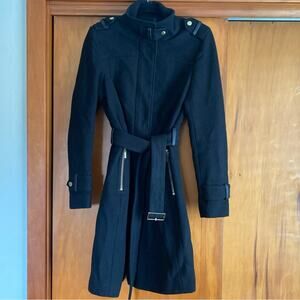 Cole Haan Women’s Black Wool Military Belted Trench Coat Colorful Lining Size 2